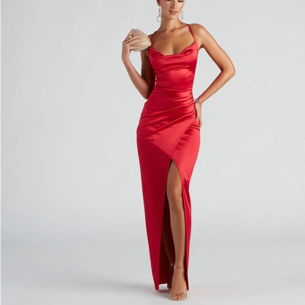Windsor Satin Red High Slit Formal Dress